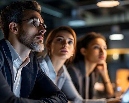 Bearded man with glasses listening in dimly lit modern office meeting