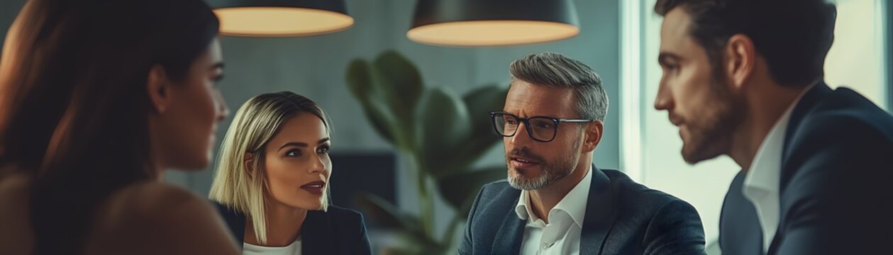 Business team discussing ideas at modern office meeting table