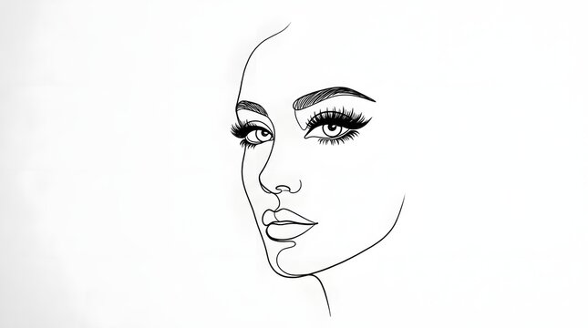 Elegant Line Art Portrait of Woman with Bold Eyelashes and Full Lips on White Background