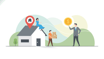 Fototapeta premium Real estate concept depicts a house purchase transaction with moving boxes, location pin, and money coin.