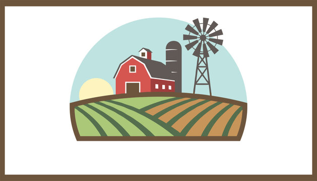 Classic farm emblem features a red barn house, a storage silo, a windmill, and rolling agricultural fields.
