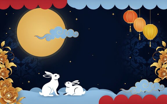 Stylized moon rabbits lanterns floral high resolution picture
