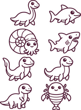Cute Prehistoric Sea Monsters Plesiosaur Ammonite and Megalodon Flat Vector Icon Set
