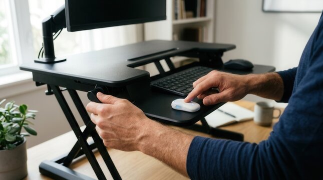 Modern man adjusting adjustable standing desk converter with monitor and keyboard in home office.