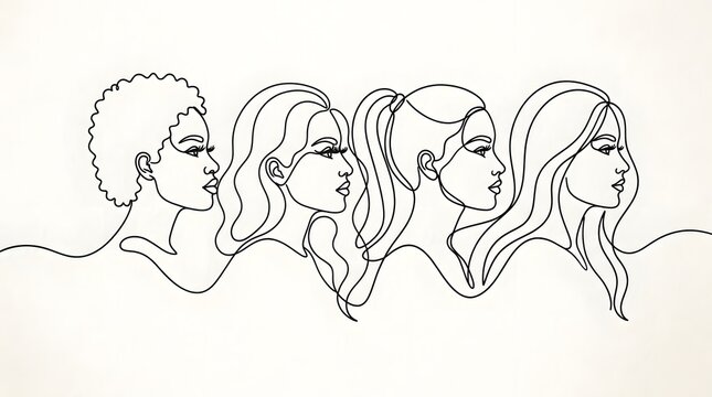 Line Art Women Portraits in Profile with Elegant Hairstyles on White Background