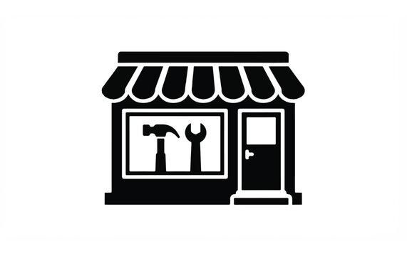 Black and white hardware store building icon.