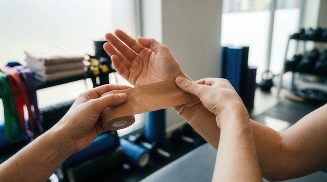 Physical therapist applying kinesiology tape to athlete's wrist for support and recovery in a fitness gym setting.