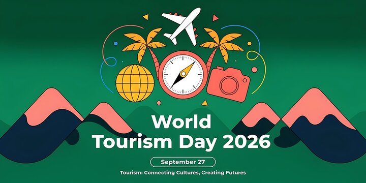 World tourism day 2026 digital poster graphic with icons of travel