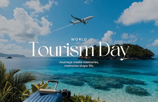 World tourism day graphic featuring a blue suitcase on a tropical beach background
