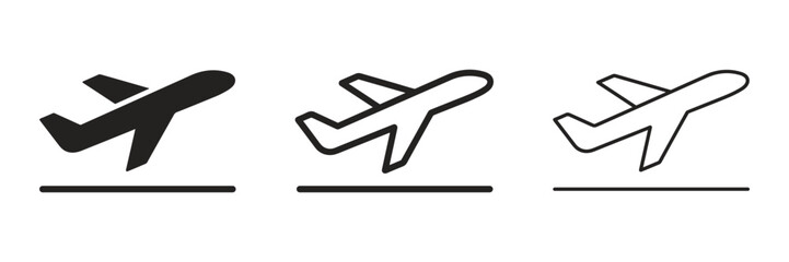 Airplane takeoff icon set, flight departure symbol in solid and outline styles © Pixel Hub