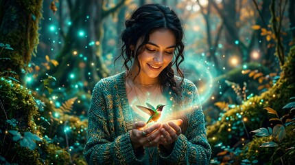 Fototapeta premium Young Woman Holding Glowing Hummingbird in Enchanted Forest Scene