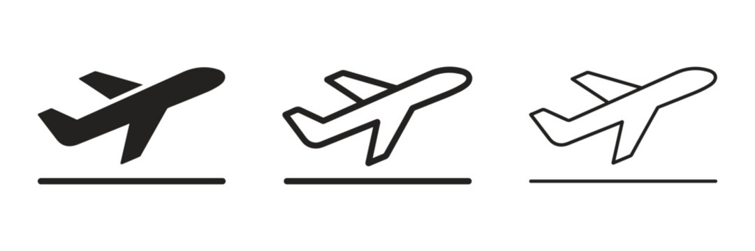 Airplane takeoff icon set, flight departure symbol in solid and outline styles