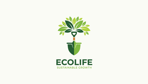 Ecolife logo design with a gardening shovel transforming into a lush green tree for sustainable growth concepts.