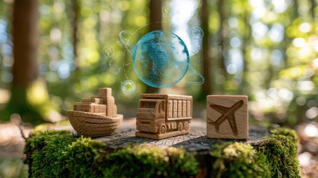 Three carved wooden toy blocks depicting a ship, truck, and airplane on a mossy tree stump in a forest setting
