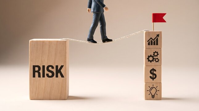 Navigating business challenges a person carefully steps from a 'risk' block towards a tower representing growth and financial opportunity