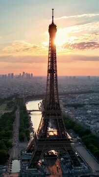 Aerial video captures the Eiffel Tower at sunset, showcasing a stunning cityscape view. Live mobile wallpaper.