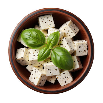 Fresh white feta cheese cubes with basil in a wooden bowl isolated on transparent background