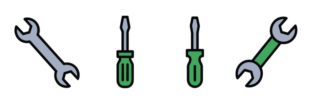 Wrench and screwdriver vector icon set, six pictograms for repair maintenance tools settings workshop service and web interface design