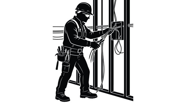 Electrician installing electrical wiring in wall studs wearing protective safety gear equipment in this detailed high contrast black and white vector silhouette design art graphic illustration
