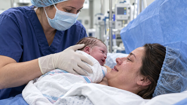 Mother smiling at her newborn baby held by midwife in hospital operating room