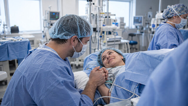 Loving partner holding pregnant mother hand during cesarean birth in surgery