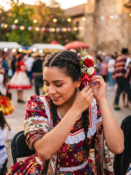 Traditional Chilean cueca dancer adjusts floral hair comb during Fiestas Patrias