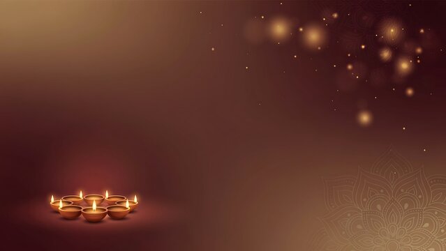 Warm brown festive background with glowing diya lamps and bokeh lights