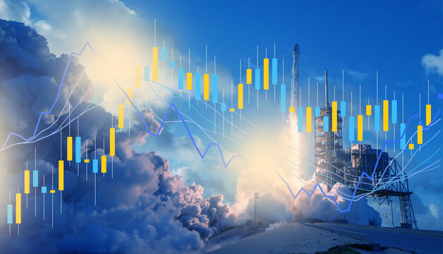 Space rocket launch blasting off into the sky with dynamic financial stock market trading charts and technical analysis graphs representing market growth