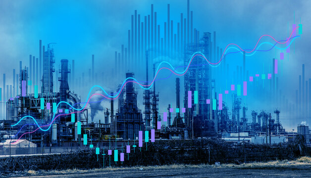 Industrial factory plant skyline silhouette overlay with glowing neon stock market charts and financial graph trading data indicators for economic concept