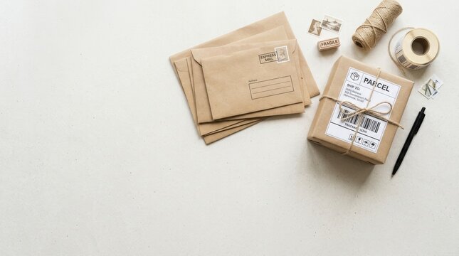 Several brown paper packages are bundled together with twine and a shipping label. A pen and a small roll of twine are placed beside the packages.