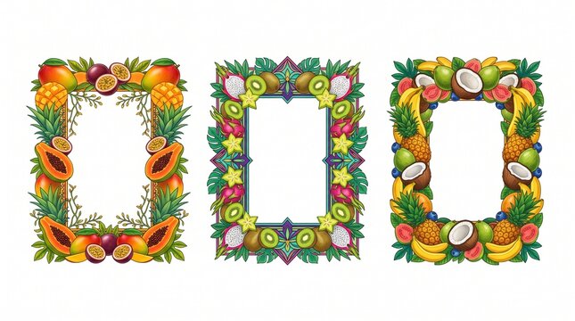 Tropical fruit frames set with exotic pineapple, mango and coconut borders. Vibrant botanical illustration of 3 decorative fruit frames. Summer food borders for menus, invitations and signage.