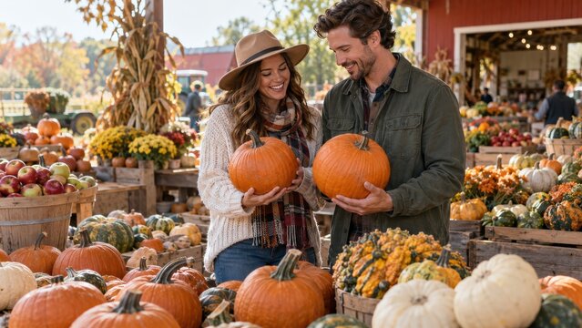 Smiling Young Couple Holding Pumpkins at Outdoor Farm Market in Autumn for Fall Season Lifestyle and Holiday Marketing