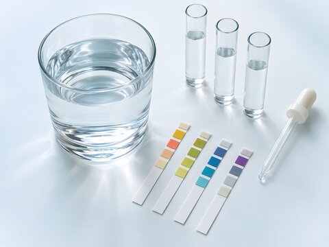 水質検査用の試験紙と試験管を並べた水の検査イメージ