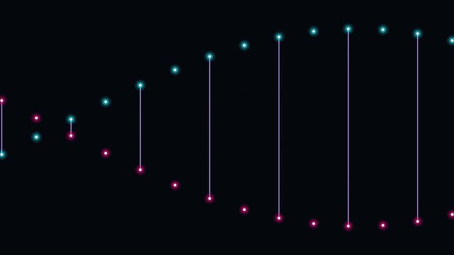 High-definition seamless fluid particle flow background loop featuring helical dna double helix glowing particle spiral with vibrant cyberpunk color aesthetic. Ideal for VJ visuals, stage screens