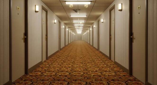 A long, seemingly endless hotel corridor with identical doors and garish, patterned carpet, lit by flickering fluorescent lights.