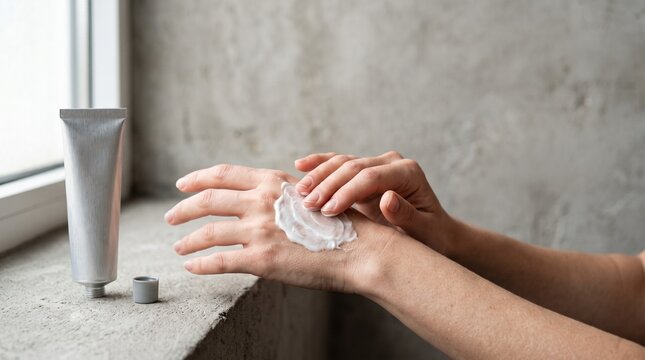 Person applying moisturizing cream from a tube onto their hand near a window