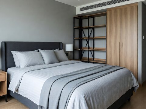 Modern bedroom with calm, muted tones. Bed features soft bedding and layered pillows. Built-in shelving holds books and greenery. Wooden cabinet adds warmth to minimalist space