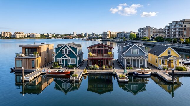 Colorful floating houses on a calm harbor with reflections under a clear blue sky