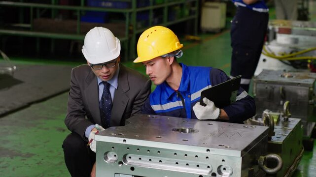 Engineer and manager analyzing metal die mold component inspecting production quality in industrial manufacturing factory