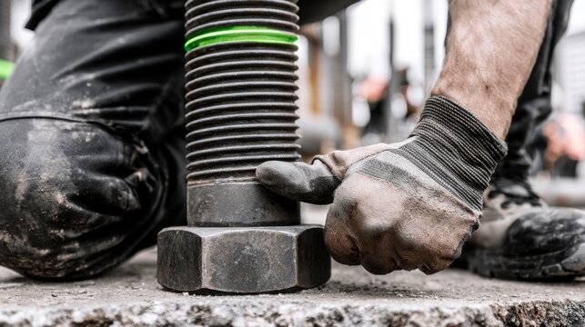 Worker tightening a large metal nut on an industrial threaded rod