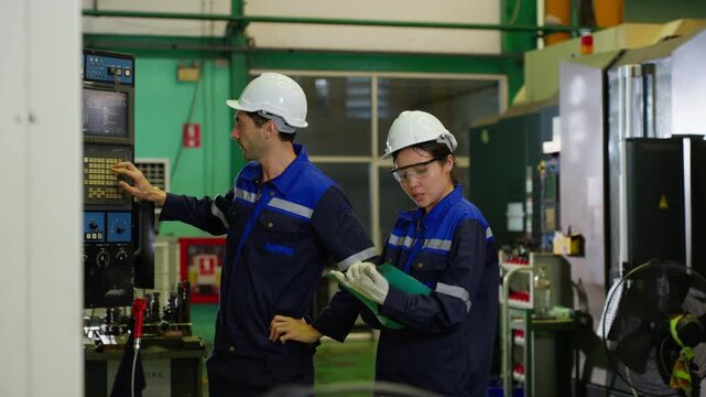 Industrial engineer and technician discussing machine operation at manufacturing plant floor