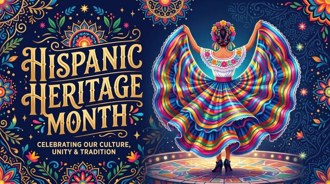 Hispanic heritage month celebration banner with traditional dancer in colorful dress