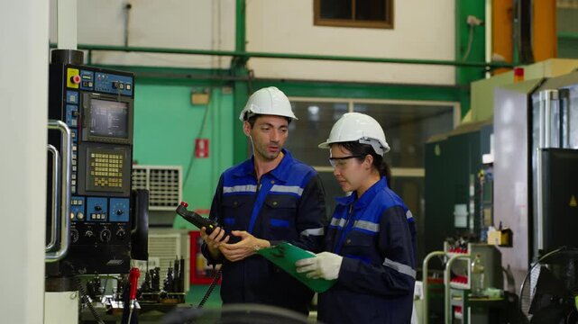 Industrial workers discussing project status while checking machinery control panel at manufacturing plant