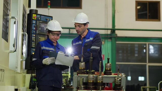 Industrial workers checking cnc machine report inspecting quality maintenance protocol in manufacturing factory