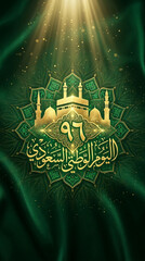 Fototapeta premium A golden Kaaba emblem and Arabic calligraphy celebrate Saudi National Day over green silk on an iPhone wallpaper.