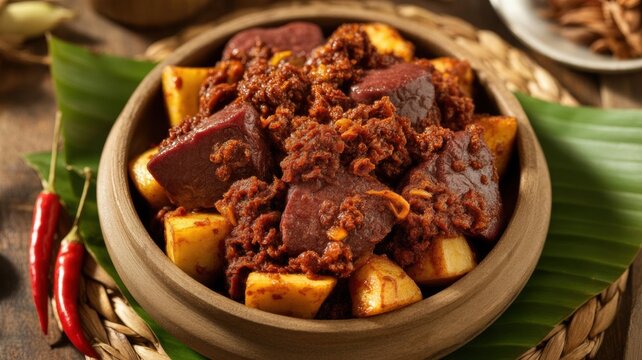 An Indonesian dish, Sambal Goreng Kentang Ati, which consists of fried liver with potatoes in a spicy coconut‑tomato sambal sauce.