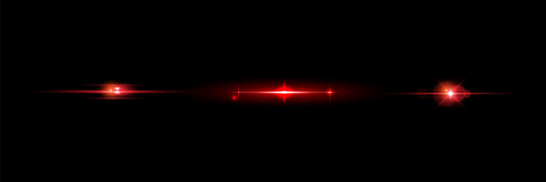 Red light effect reflections, neon illumination in red colors. Bright light lens. Police light effects, lines. Shiny stars, glowing sparks on a black background.
