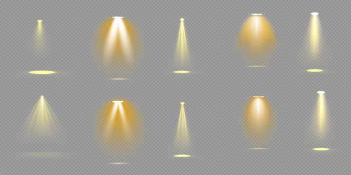 The yellow spotlight shines on the stage. light exclusive use lens flash light effect. abstract light from a lamp or spotlight. lighted scene. podium under the spotlight.