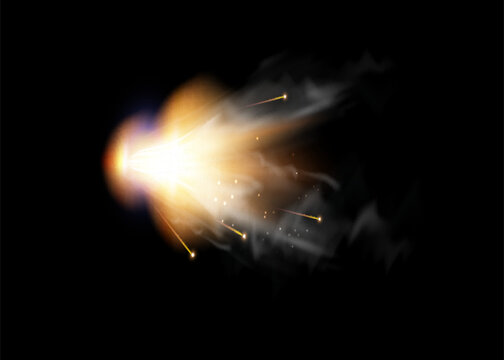 Gun flashes with smoke and fire sparkles. Pistol shots clouds, muzzle shotgun explosion. Blast motion, weapon bullets trails isolated on black background.