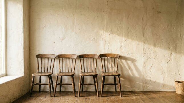 Three vintage wooden chairs sit in a sunlit room. The chairs have turned legs and decorative spindles.